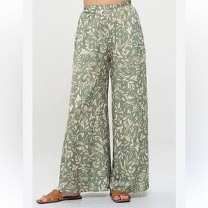 Cream and Green Wide Leg Pants with Flowy Silhouette